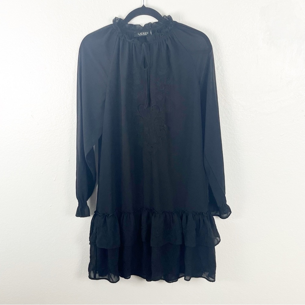LAUREN RALPH LAUREN Classic Black Embroidered Georgette Dress, Size 8